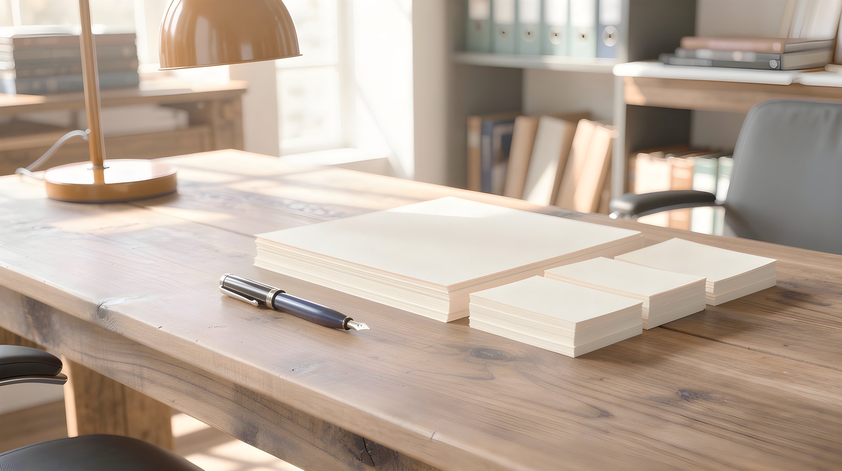 Illustration: a stationery atelier table with blank sheets of cream paper fanned in a row, a fountain pen, and an ember-red lamp.