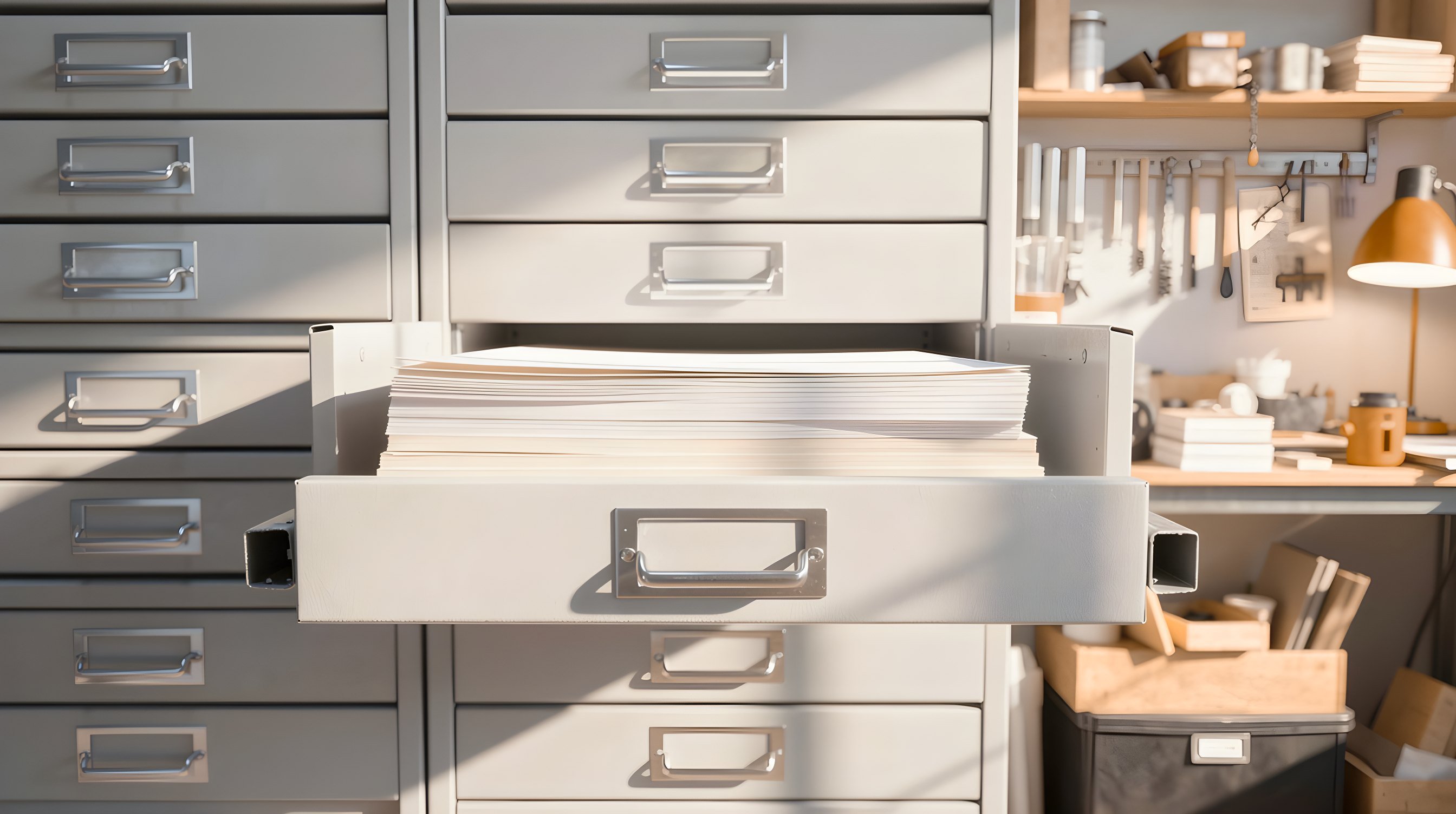 Illustration: a wall of flat steel filing drawers, one slid open on a neat stack of blank sheets under a warm red glow.