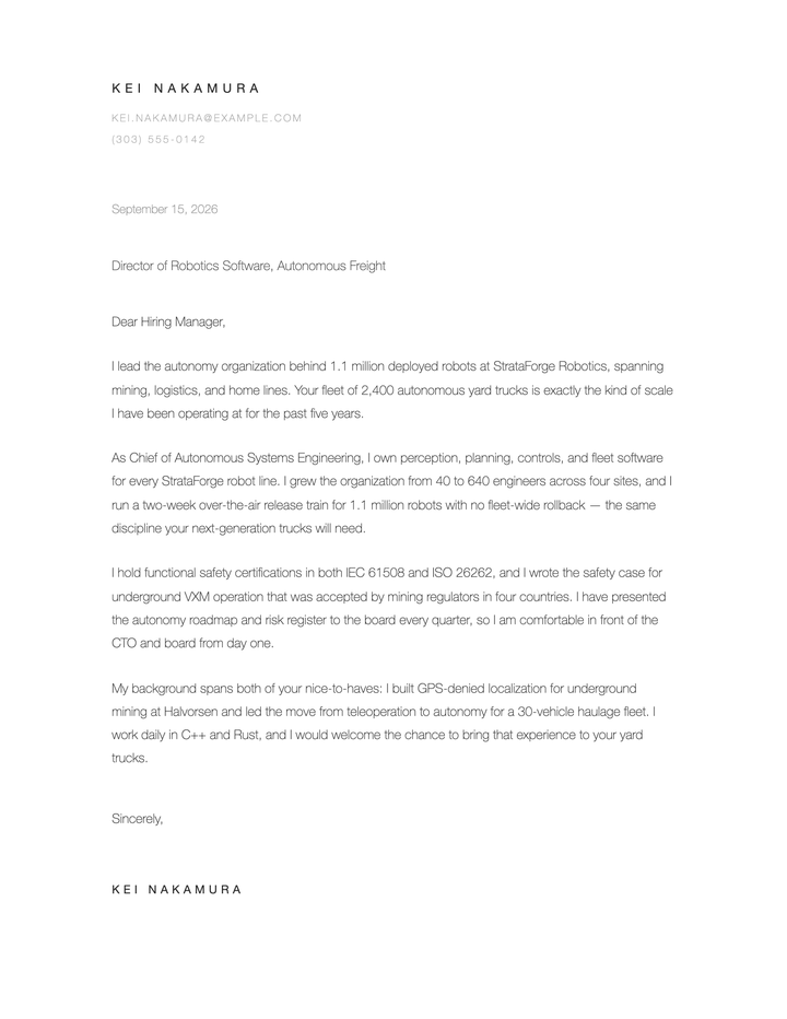 A cover letter from Kei Nakamura in the Minimal design.