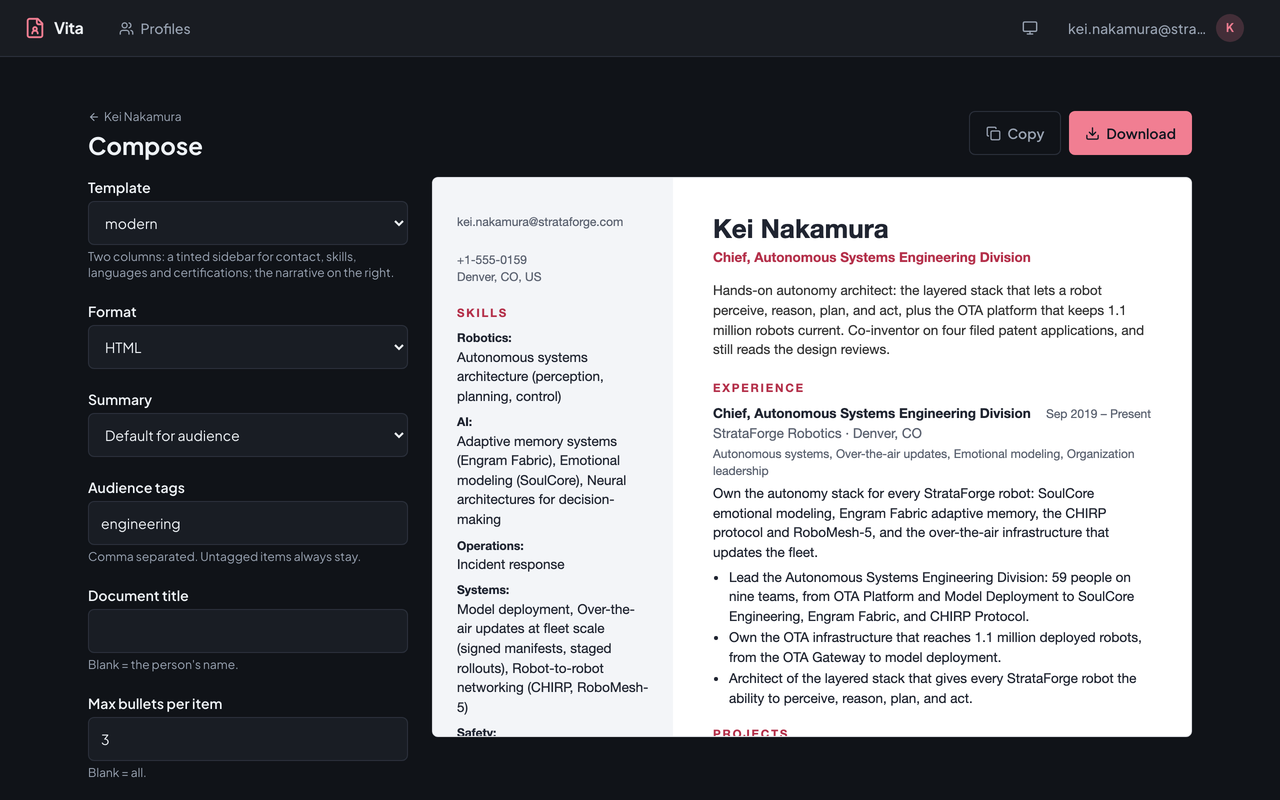 Vita's compose screen: template, format, summary, audience-tag, and section controls on the left, and a live preview of an engineering resume in the two-column modern template on the right.
