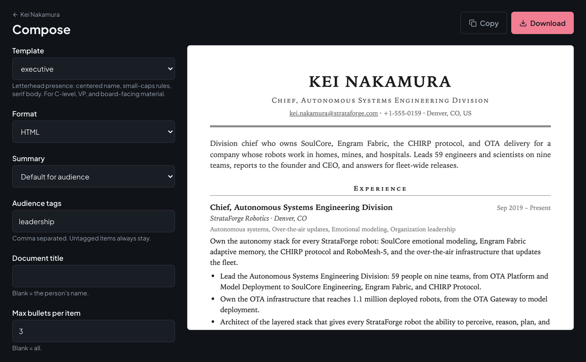The compose screen set to a leadership audience: the executive template and its controls on the left, and the live preview of a leadership resume on the right.