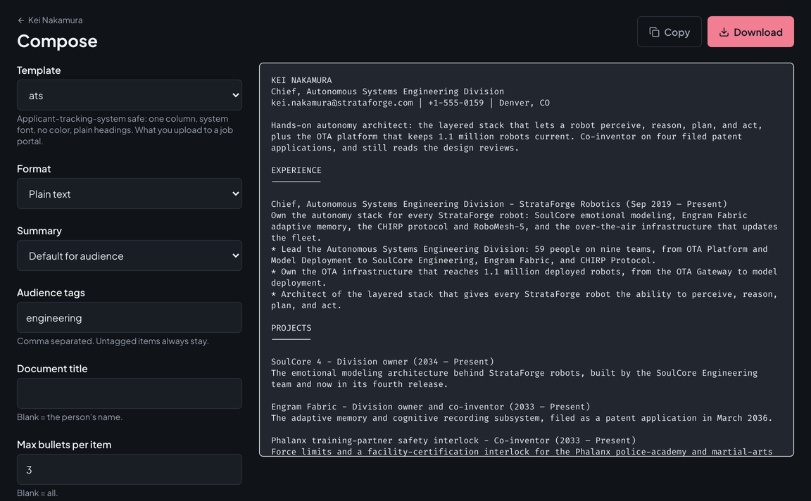 The compose screen set to plain text: the ATS template, the format picker, the Copy and Download buttons, and the resume as plain text.