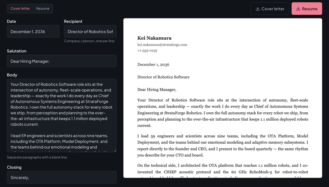 The cover letter Vita wrote for that posting: an editor for the date, recipient, greeting, body, and closing on the left, and the rendered letter on the right.