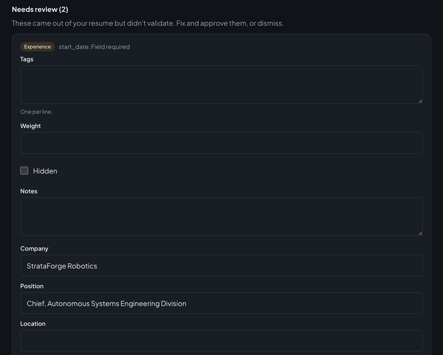 The import review queue: entries held back from an imported PDF, the first flagged with a missing start date and being fixed in its form with the company, position, and start date filled in.