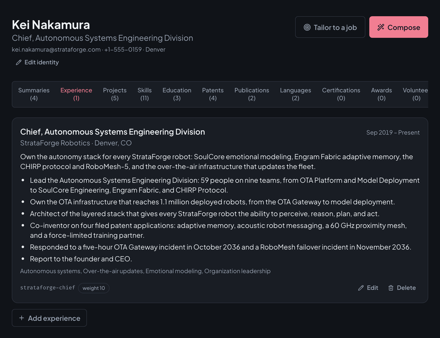Vita's profile browser for Kei Nakamura, a fictional StrataForge engineering chief: thirteen category tabs with counts, and an experience card with its highlights, skills, and weight.