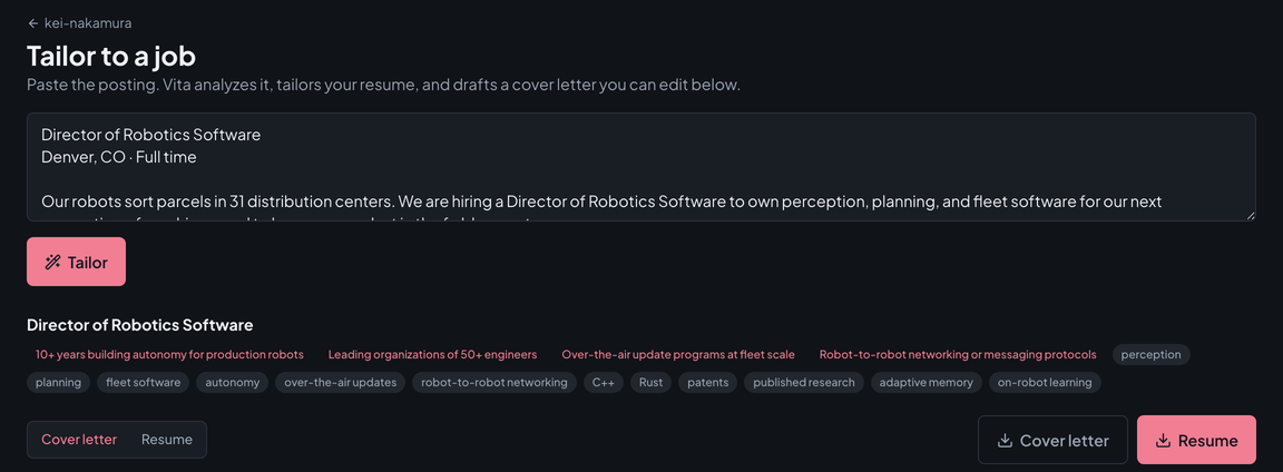 Vita's tailor screen: a pasted posting for a Director of Robotics Software and the analysis of it, with the must-haves highlighted ahead of the keywords a screener scans for.