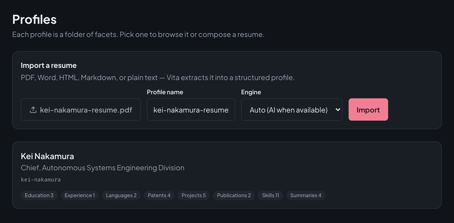 Vita's Profiles screen: an import card with a PDF resume chosen, its profile name filled in, and the engine set to Auto, above Kei Nakamura's profile.