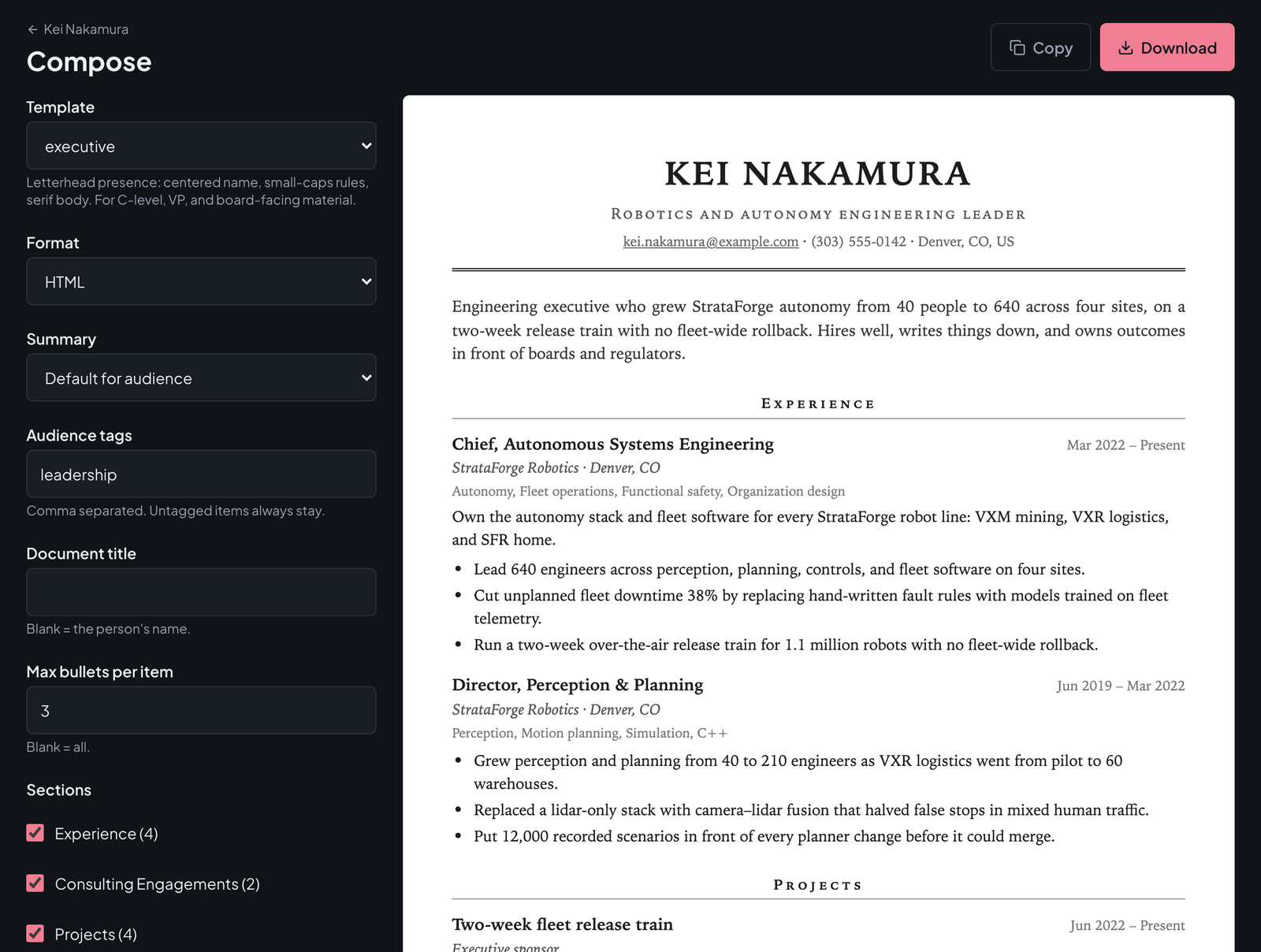 The compose screen: template, format, summary, audience-tag, and section controls on the left, and a live preview of a leadership resume in the executive template on the right.