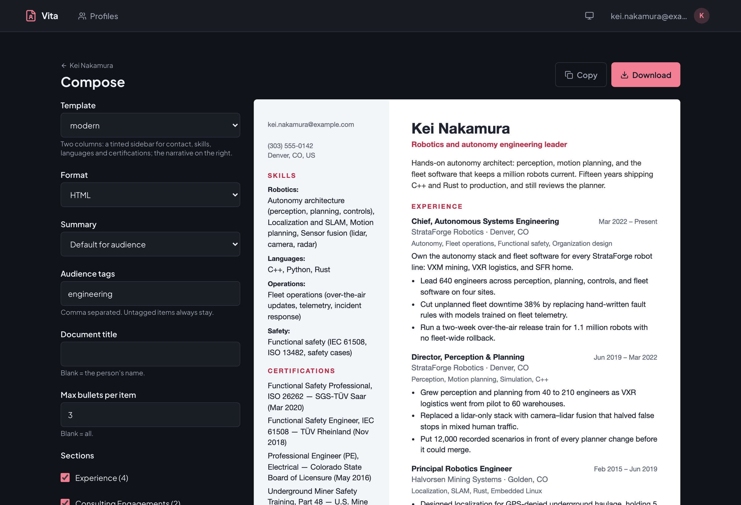 Vita's compose screen in dark mode: template, format, summary, and audience-tag controls on the left, and a live preview of an engineering resume in the two-column modern template on the right.