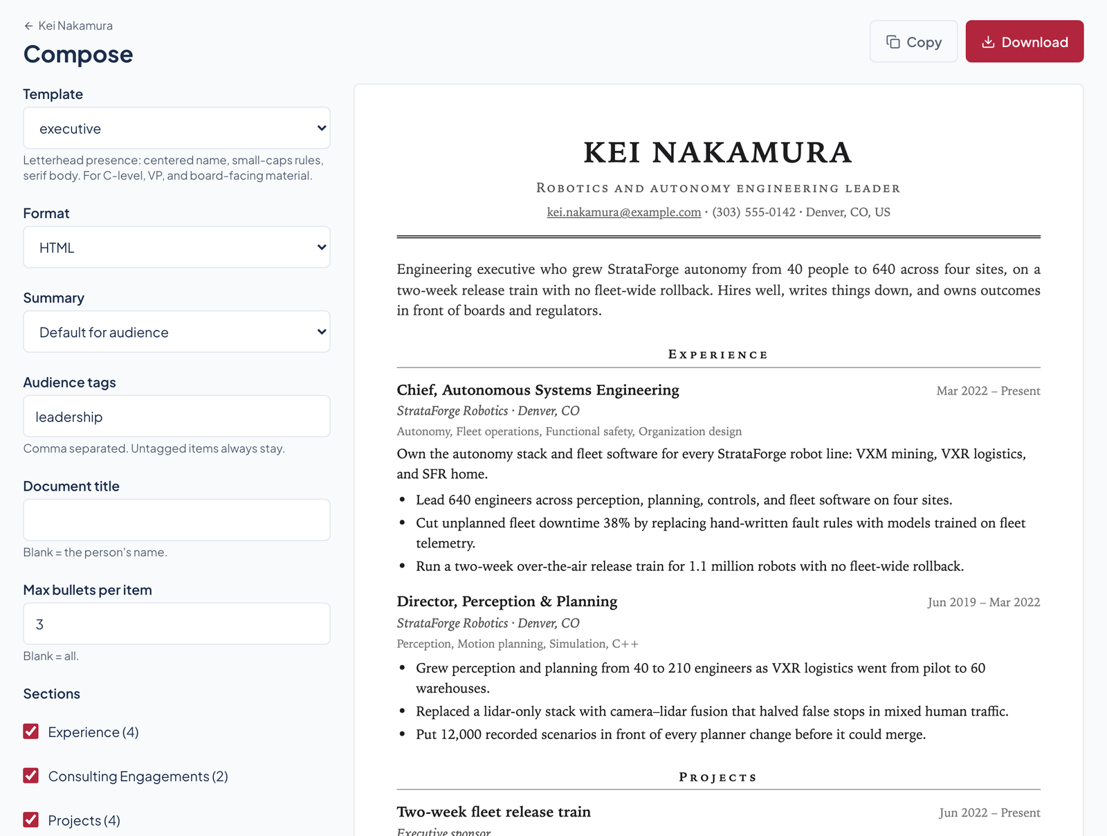 The compose screen: template, format, summary, audience-tag, and section controls on the left, and a live preview of a leadership resume in the executive template on the right.