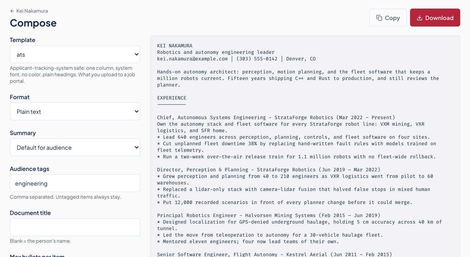 The compose screen set to plain text: the ATS template, the format picker, the Copy and Download buttons, and the resume as plain text.