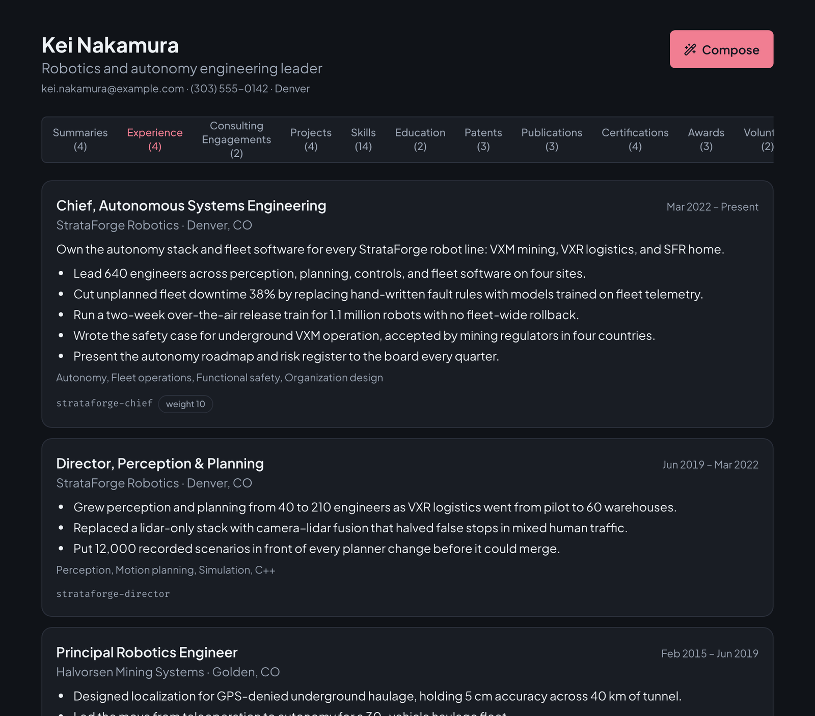 Vita's profile browser for Kei Nakamura, a fictional robotics leader: thirteen category tabs with counts, and experience cards showing each item's tags and weight.