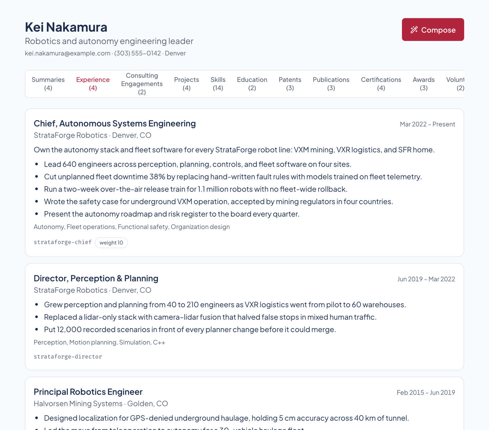 Vita's profile browser for Kei Nakamura, a fictional robotics leader: thirteen category tabs with counts, and experience cards showing each item's tags and weight.