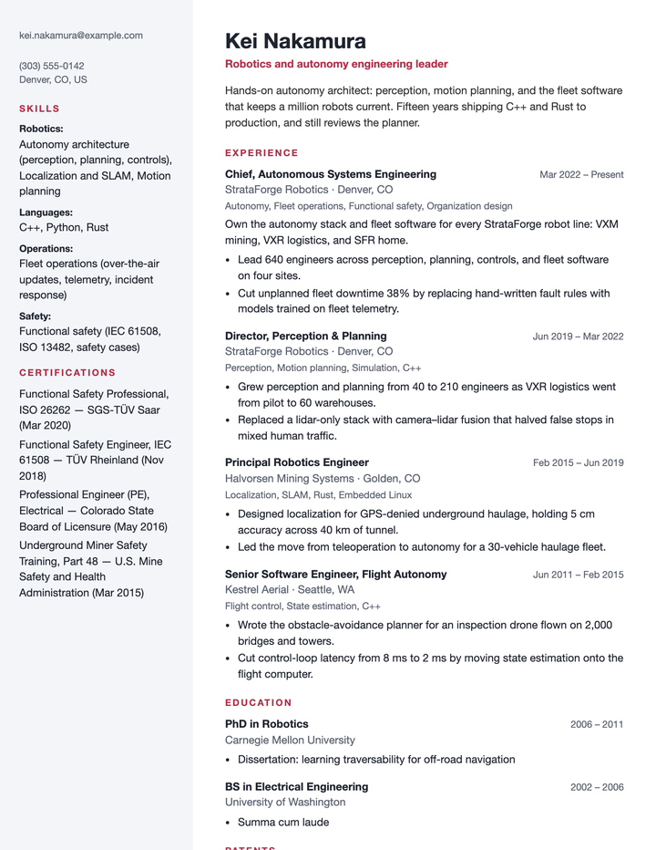 The same resume in the Modern template.
