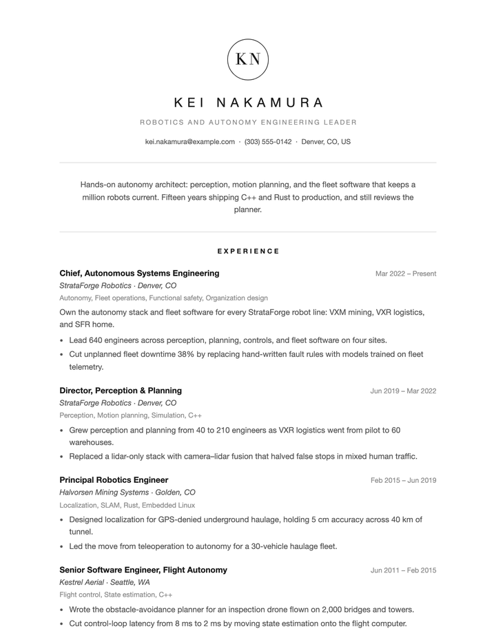 Kei Nakamura's resume in the Monogram template.